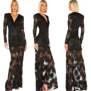 Alexis Lucasta Black Lace Maxi Dress L Ruched Sheer Gothic Victorian Romance EUC